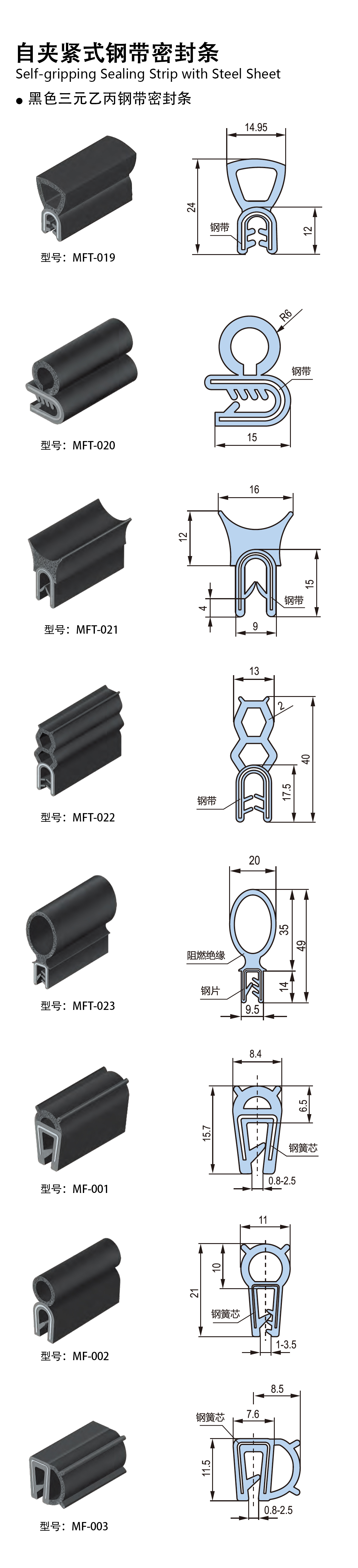 黑色三元乙丙钢带密封条Black EPDM sealing strip(with steel sheet )